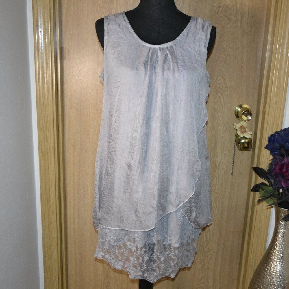 Simply Couture Grey Layered Lace Lagenlook Cotton Blend Sleeveless Top